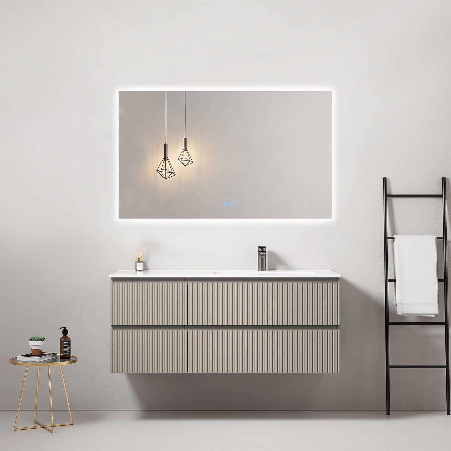 Mobile bagno sospeso cannettato 120 cm Grigio Cenere Lavabo a Destra in Ceramica Specchio Quadro Retroilluminato - Fiji Paint