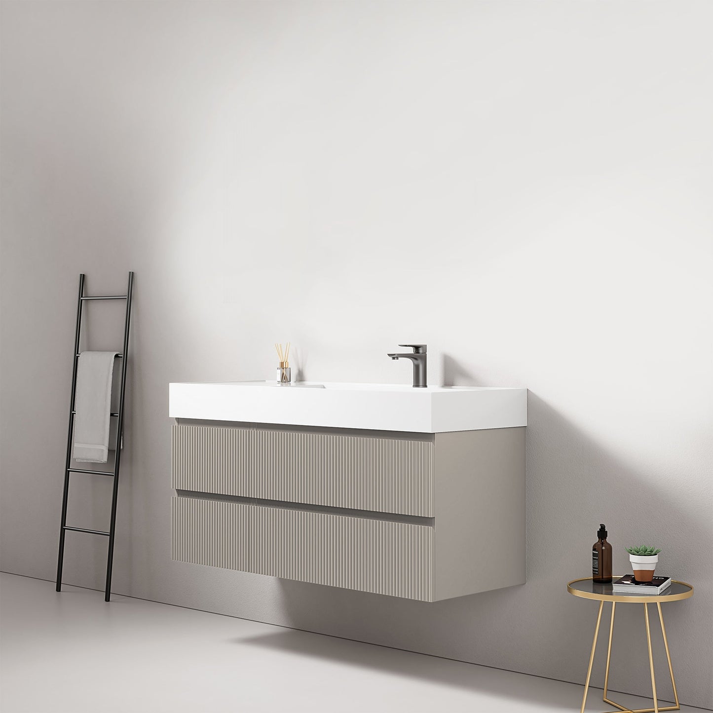 Mobile bagno sospeso cannettato 120 cm Grigio Cenere Lavabo a Destra in Resina Senza Specchio - Fiji Paint