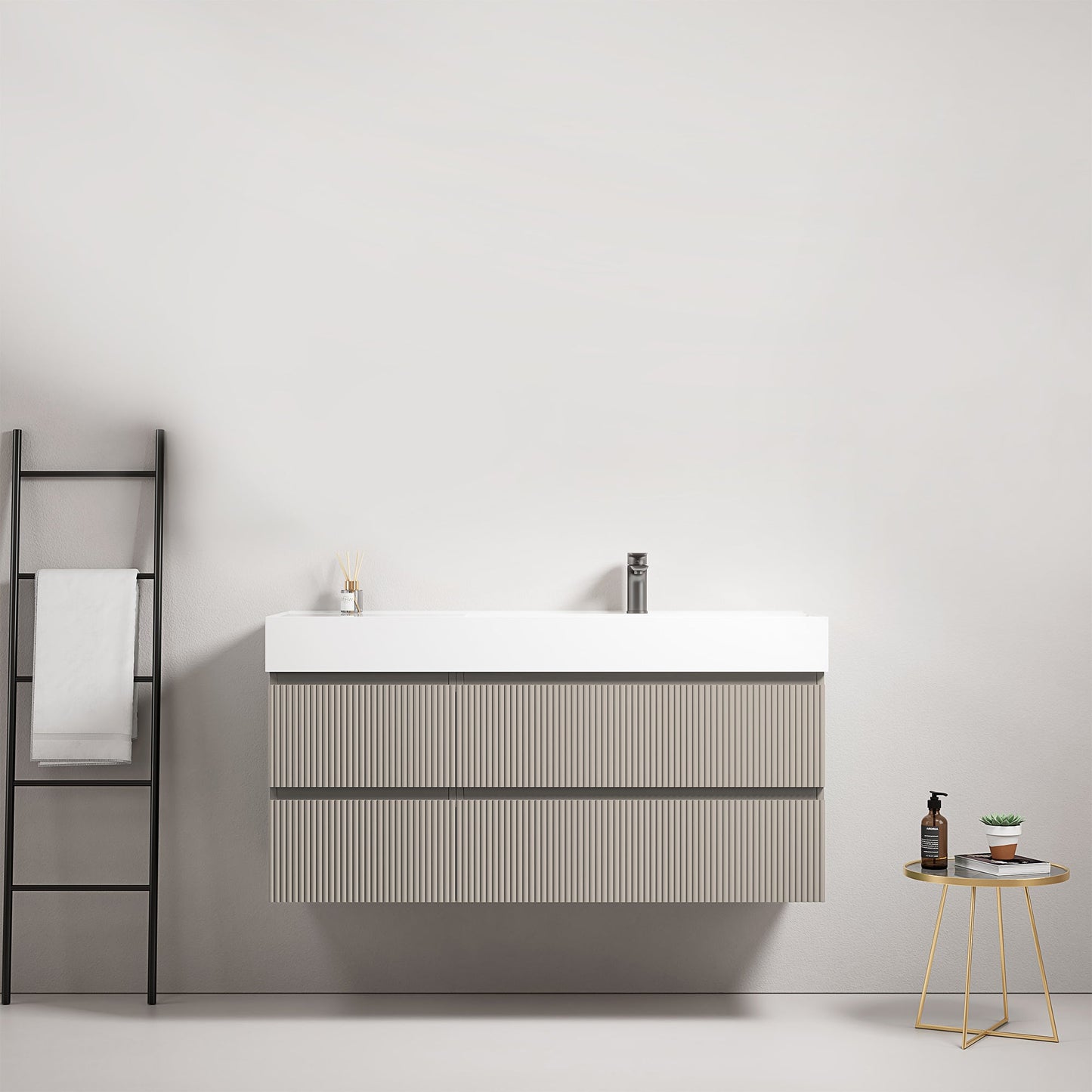 Mobile bagno sospeso cannettato 120 cm Grigio Cenere Lavabo a Destra in Resina Senza Specchio - Fiji Paint