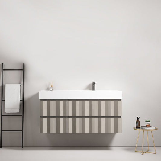 Mobile bagno sospeso cannettato 120 cm Grigio Cenere Lavabo a Destra in Resina Senza Specchio - Fiji Paint