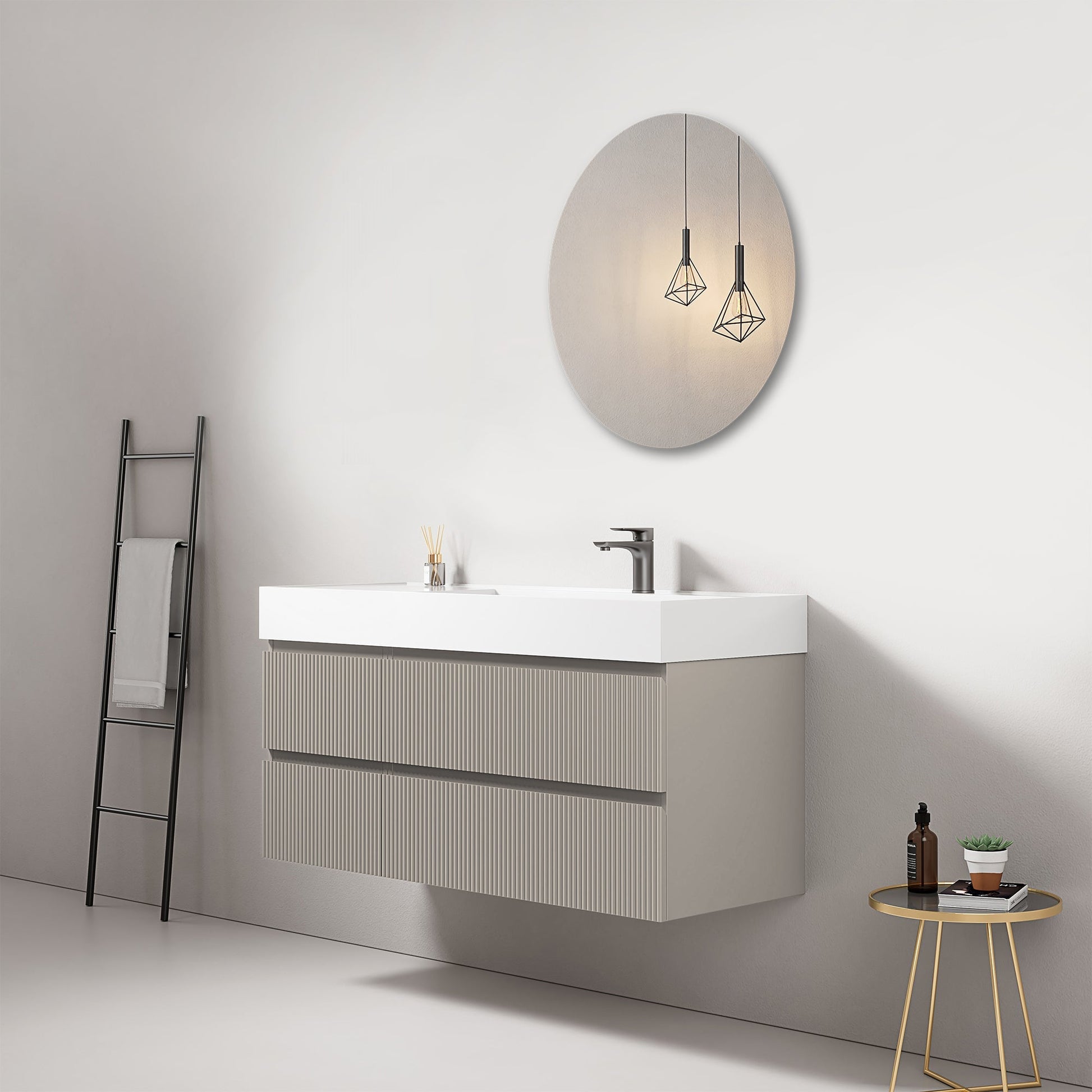 Mobile bagno sospeso cannettato 120 cm Grigio Cenere Lavabo a Destra in Resina Specchio Tondo - Fiji Paint