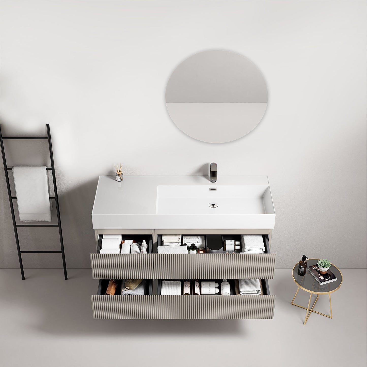 Mobile bagno sospeso cannettato 120 cm Grigio Cenere Lavabo a Destra in Resina Specchio Tondo - Fiji Paint