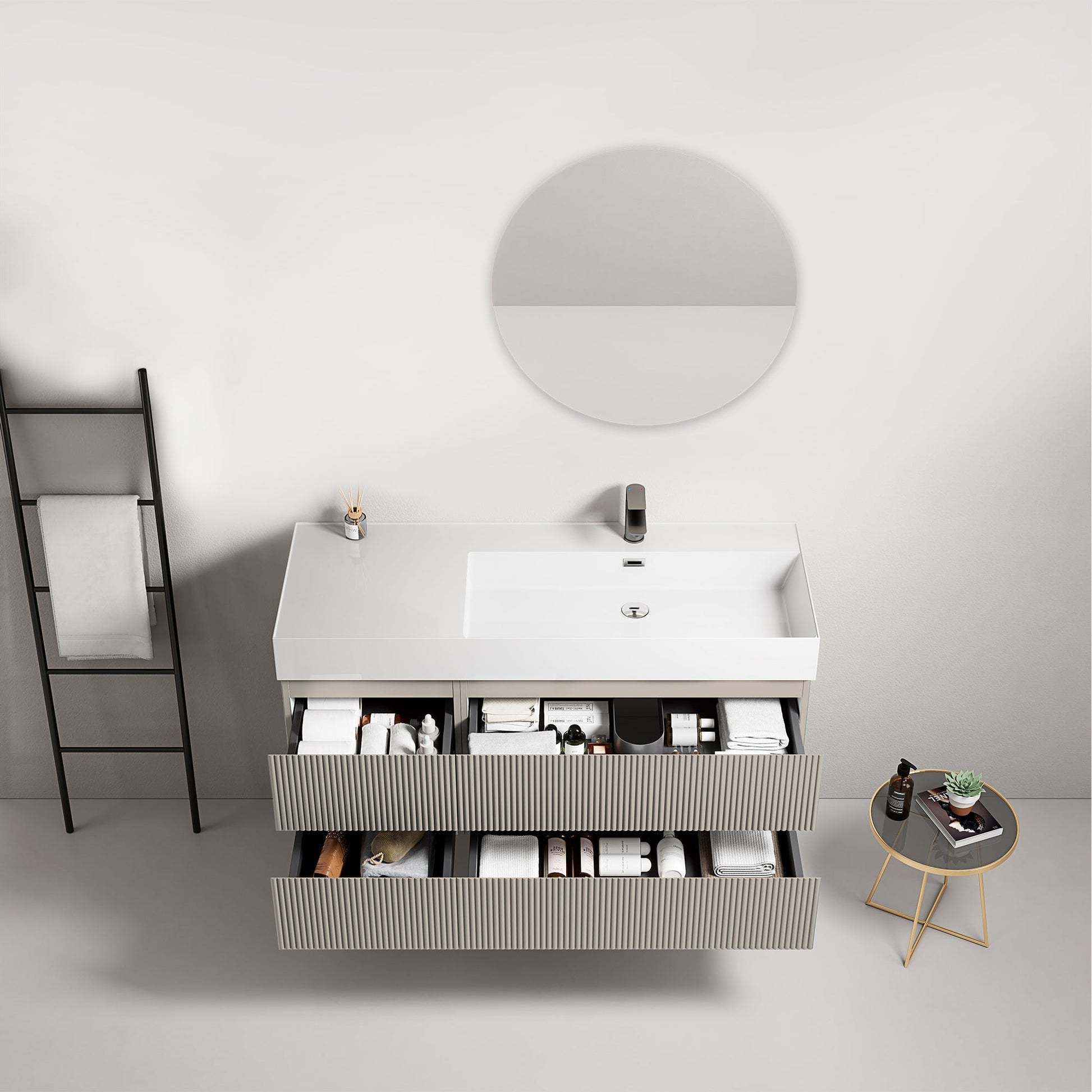 Mobile bagno sospeso cannettato 120 cm Grigio Cenere Lavabo a Destra in Resina Specchio Tondo - Fiji Paint