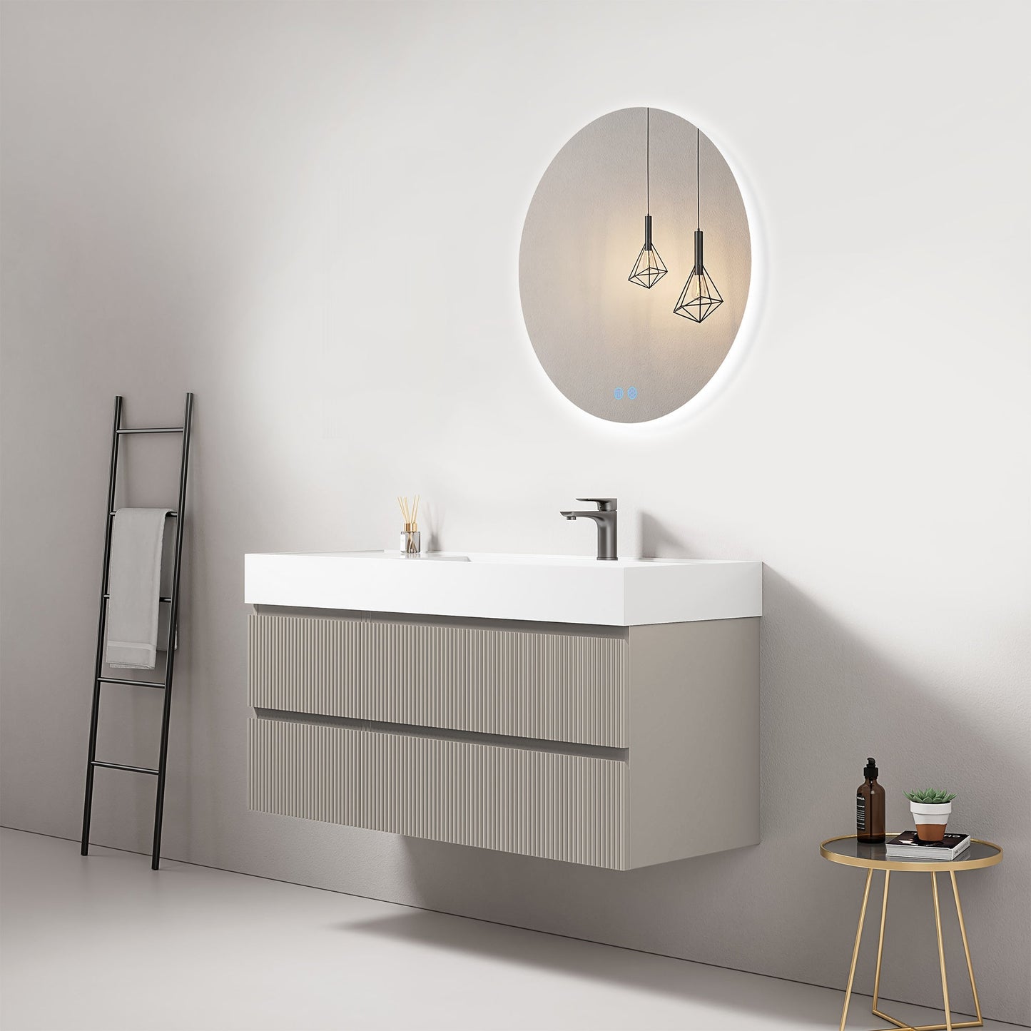 Mobile bagno sospeso cannettato 120 cm Grigio Cenere Lavabo a Destra in Resina Specchio Tondo Retroilluminato - Fiji Paint.