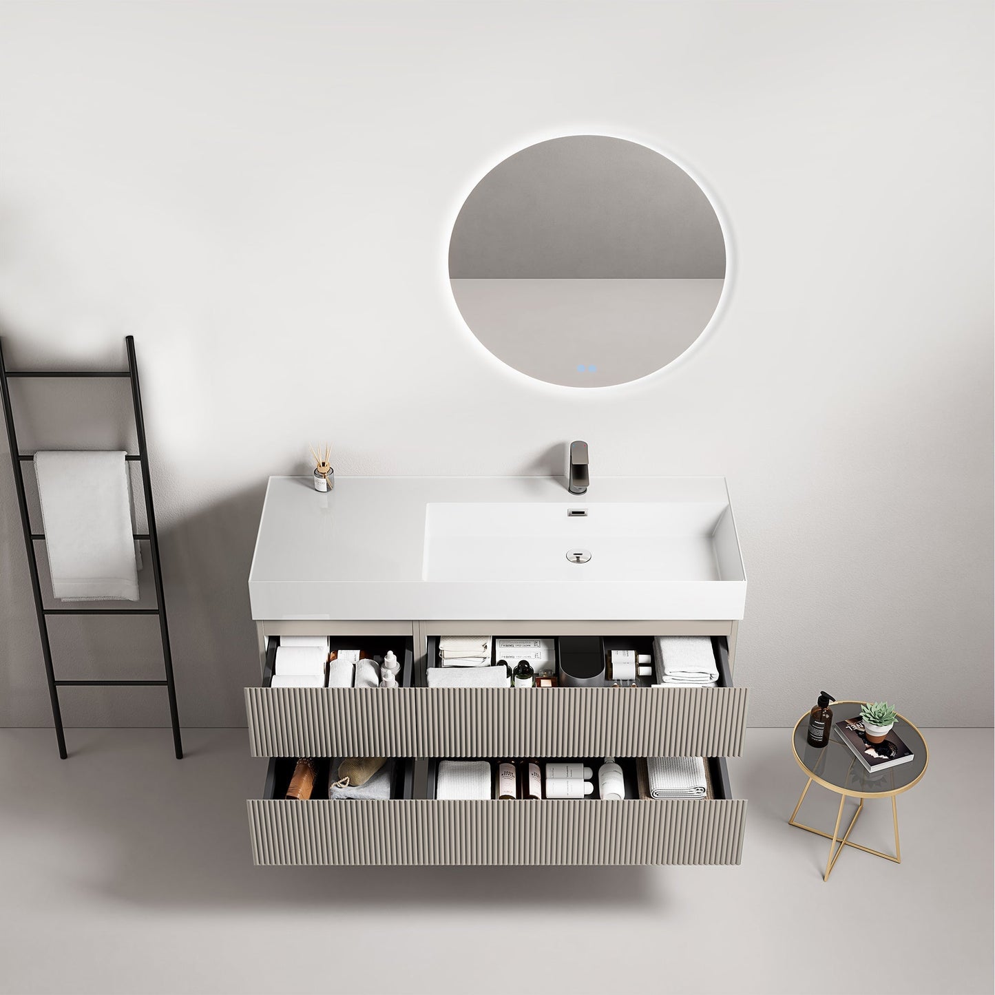 Mobile bagno sospeso cannettato 120 cm Grigio Cenere Lavabo a Destra in Resina Specchio Tondo Retroilluminato - Fiji Paint