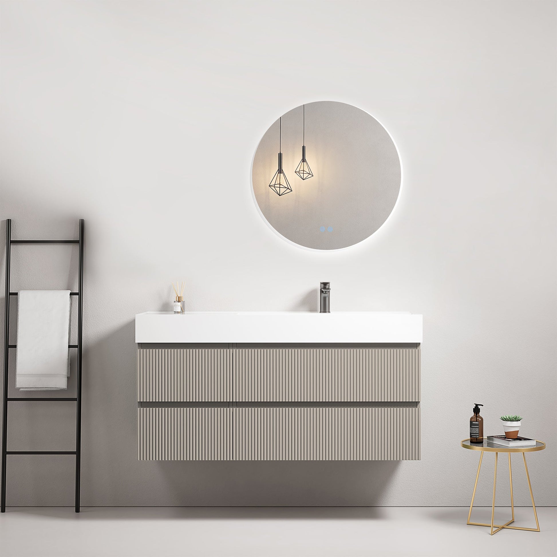 Mobile bagno sospeso cannettato 120 cm Grigio Cenere Lavabo a Destra in Resina Specchio Tondo Retroilluminato - Fiji Paint