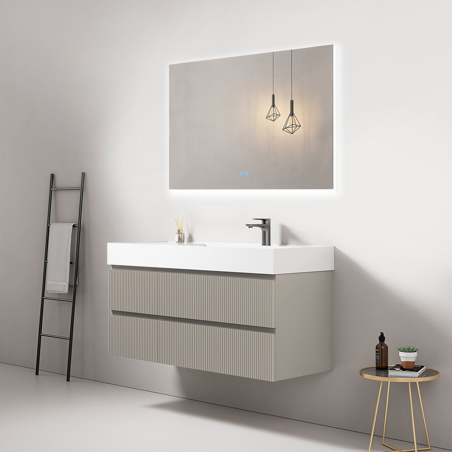 Mobile bagno sospeso cannettato 120 cm Grigio Cenere Lavabo a Destra in Resina Specchio Quadro Retroilluminato - Fiji Paint