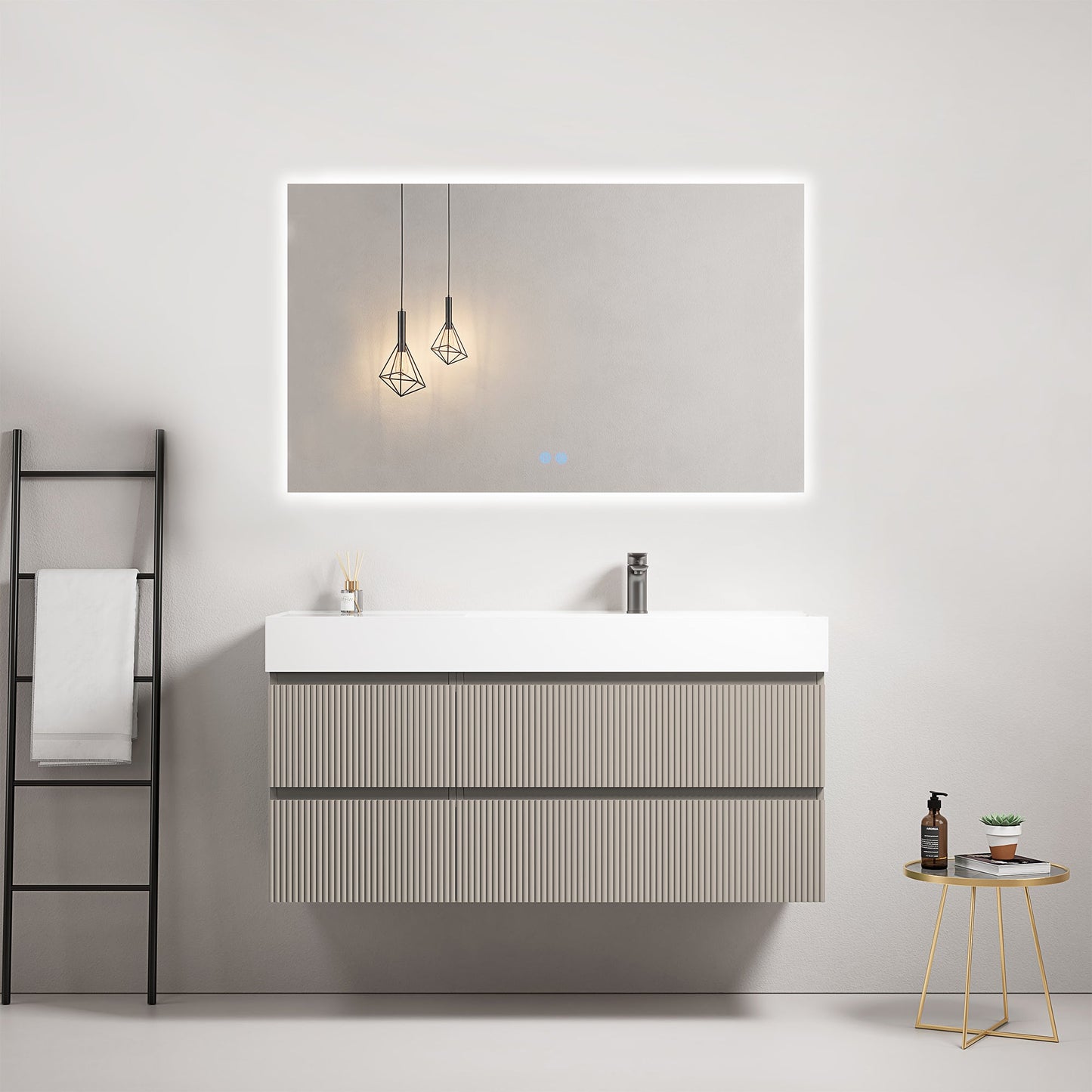 Mobile bagno sospeso cannettato 120 cm Grigio Cenere Lavabo a Destra in Resina Specchio Quadro Retroilluminato - Fiji Paint
