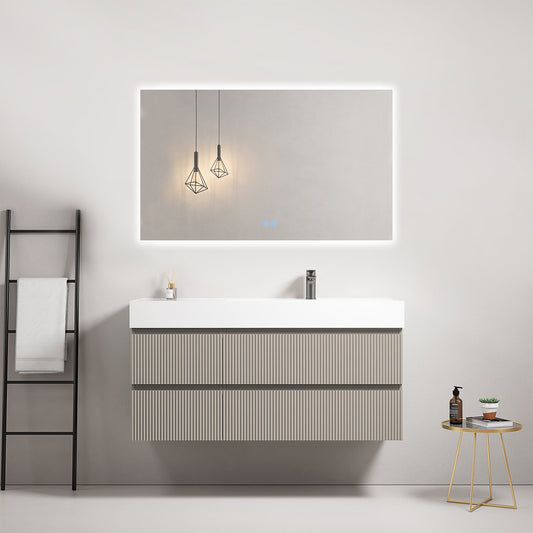 Mobile bagno sospeso cannettato 120 cm Grigio Cenere Lavabo a Destra in Resina Specchio Quadro Retroilluminato - Fiji Paint