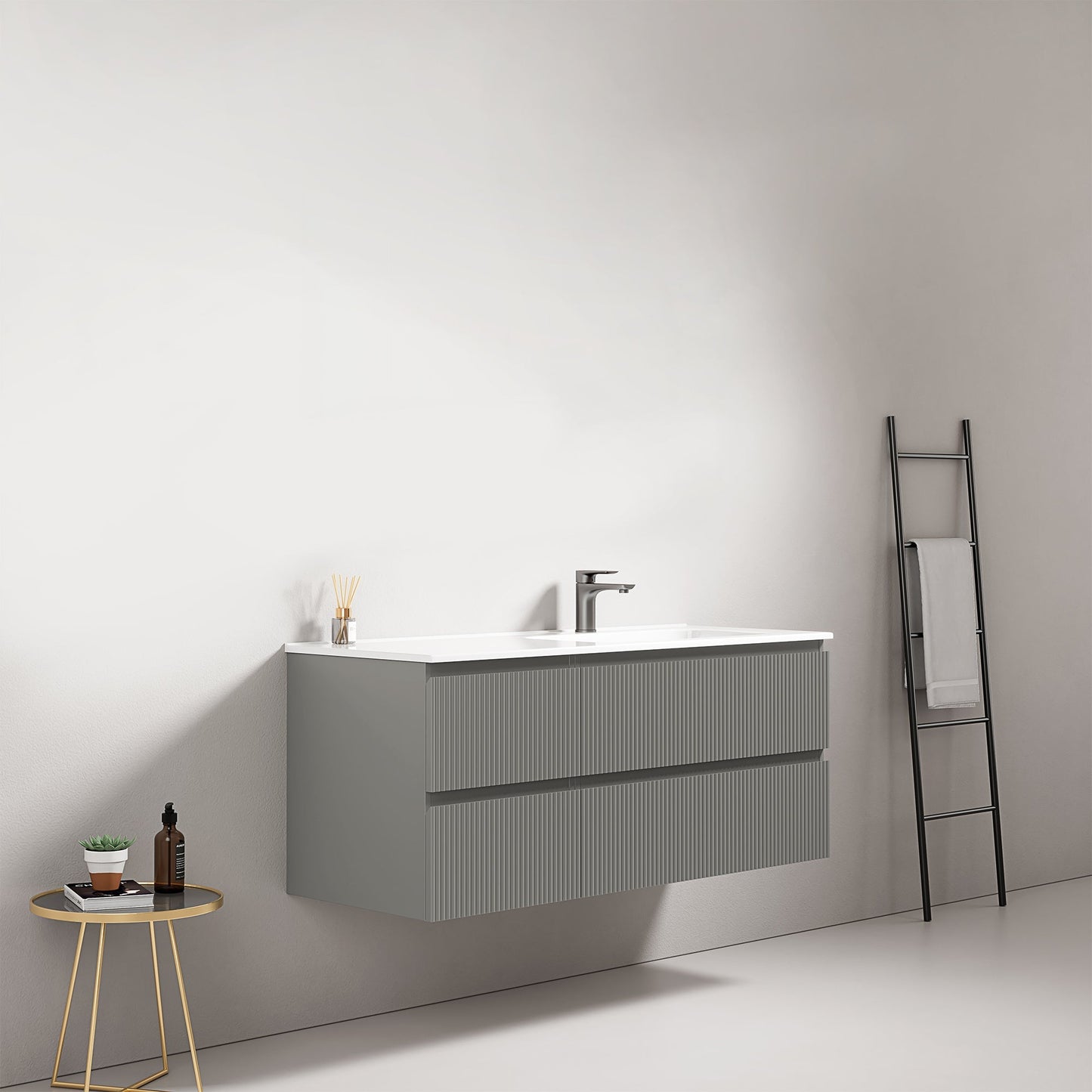 Mobile bagno sospeso cannettato 120 cm Grigio Londra Lavabo a Destra in Ceramica Senza Specchio - Fiji Paint