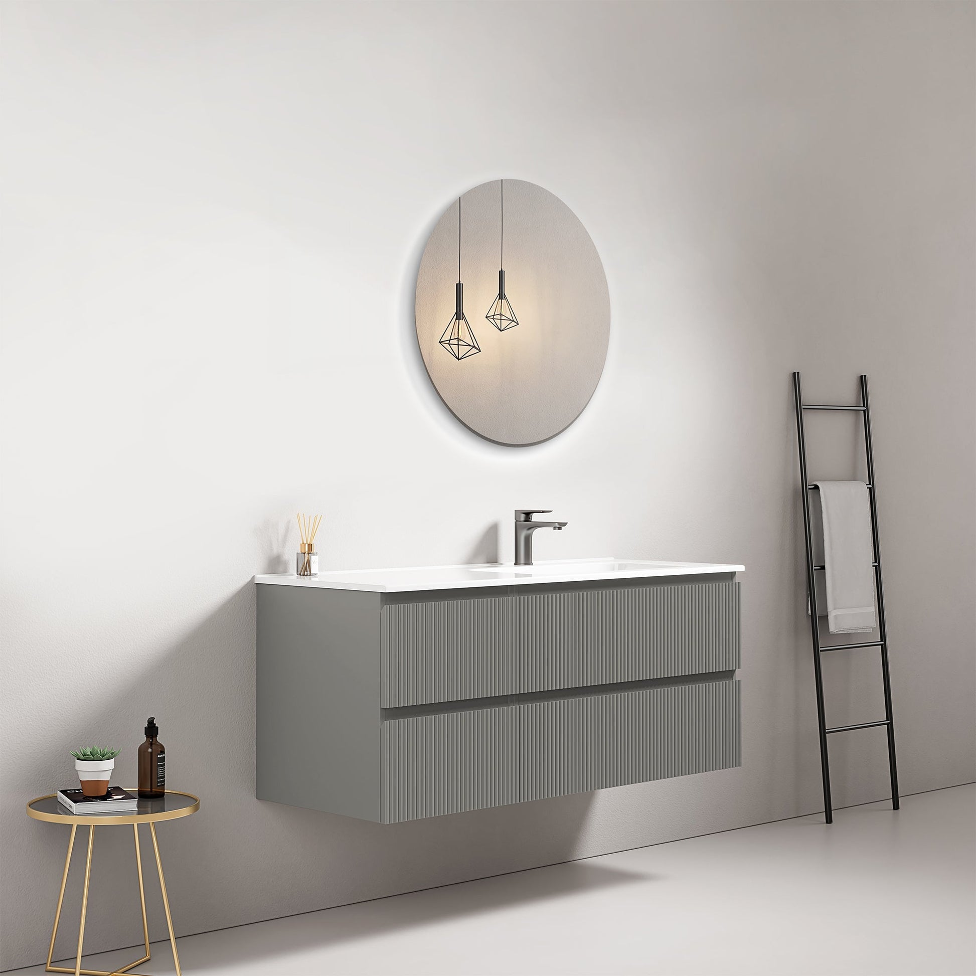 Mobile bagno sospeso cannettato 120 cm Grigio Londra Lavabo a Destra in Ceramica Specchio Tondo - Fiji Paint
