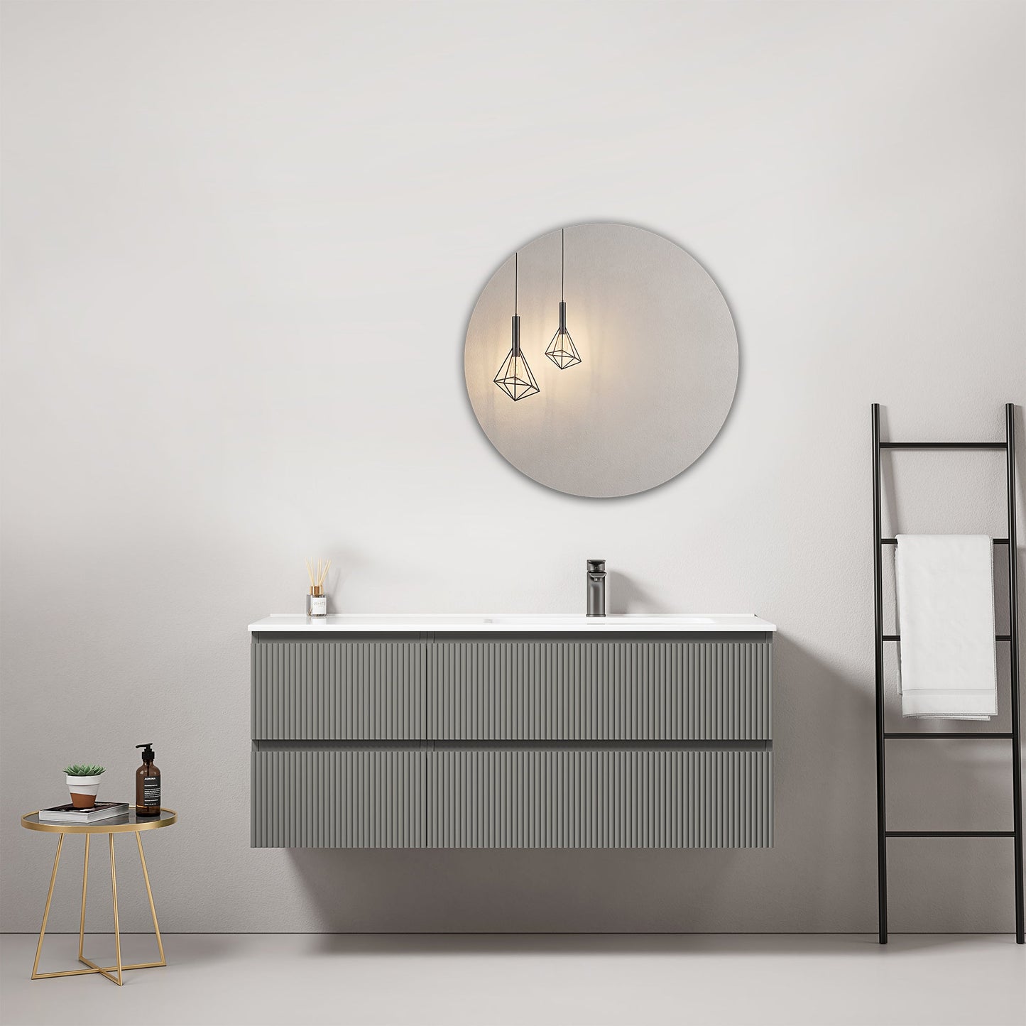 Mobile bagno sospeso cannettato 120 cm Grigio Londra Lavabo a Destra in Ceramica Specchio Tondo - Fiji Paint
