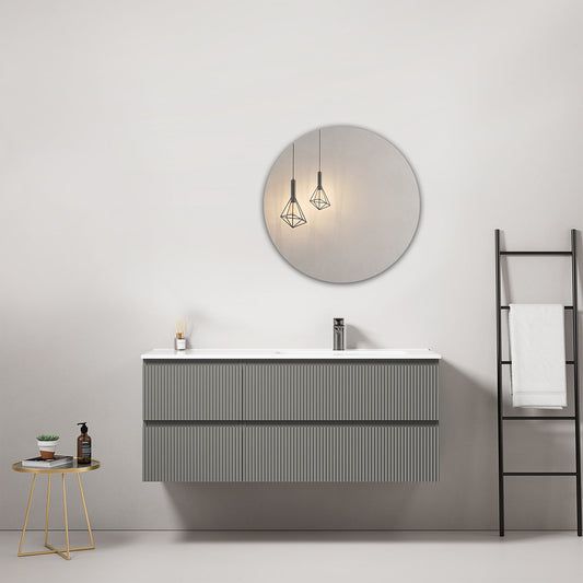 Mobile bagno sospeso cannettato 120 cm Grigio Londra Lavabo a Destra in Ceramica Specchio Tondo - Fiji Paint
