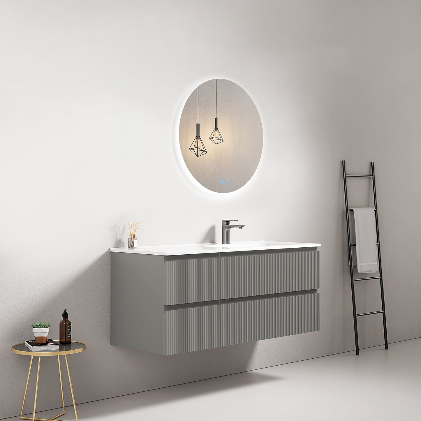 Mobile bagno sospeso cannettato 120 cm Grigio Londra Lavabo a Destra in Ceramica Specchio Tondo Retroilluminato - Fiji Paint