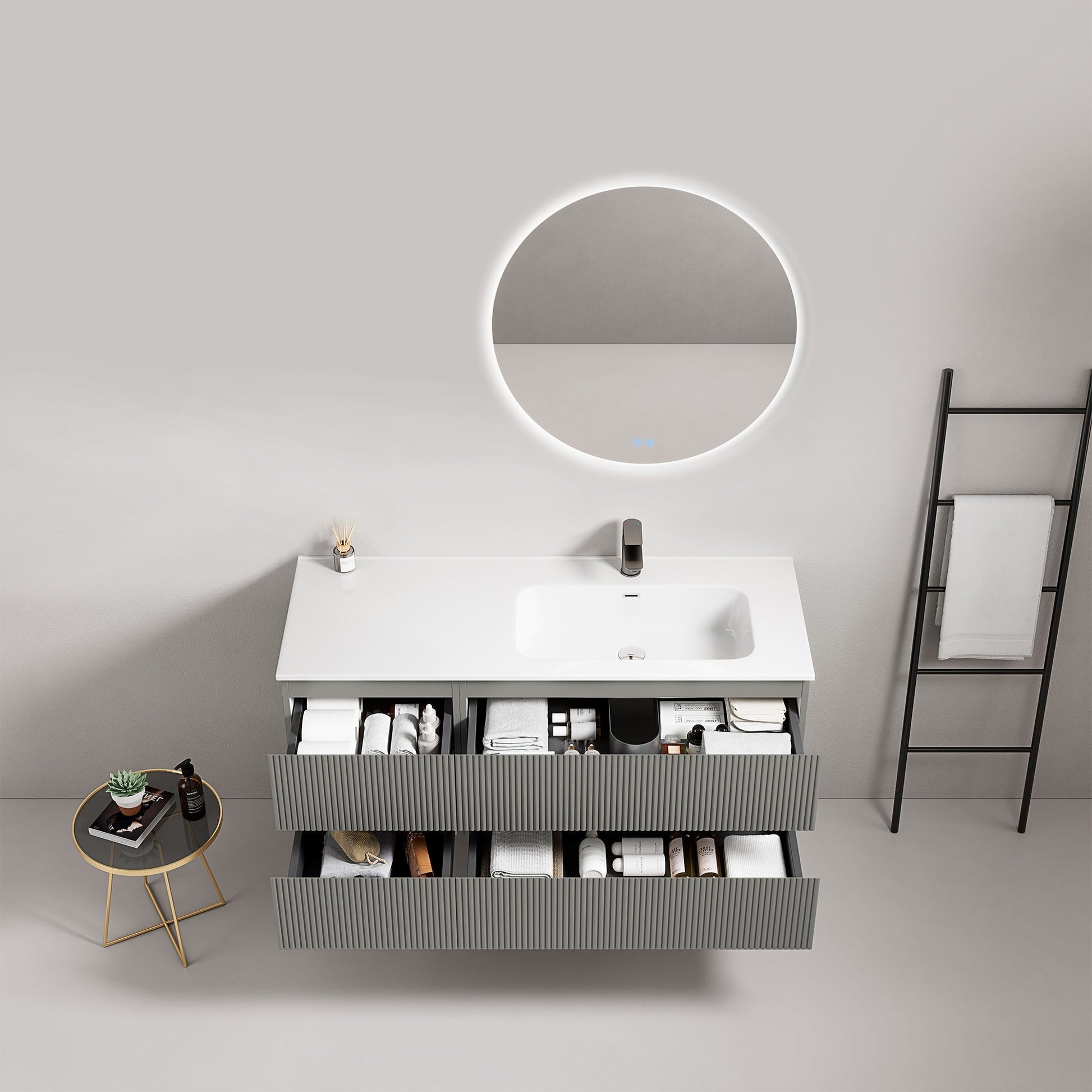 Mobile bagno sospeso cannettato 120 cm Grigio Londra Lavabo a Destra in Ceramica Specchio Tondo Retroilluminato - Fiji Paint