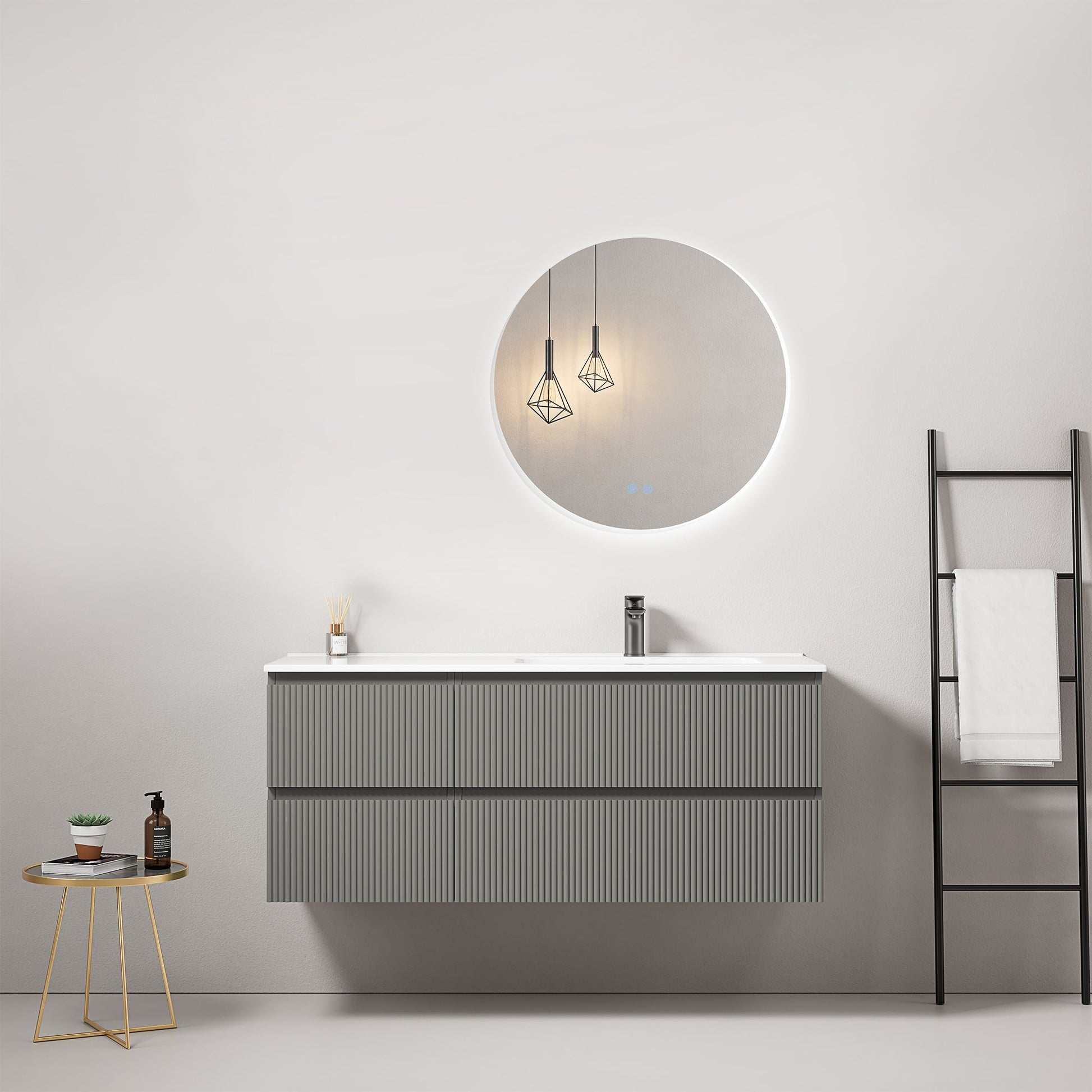 Mobile bagno sospeso cannettato 120 cm Grigio Londra Lavabo a Destra in Ceramica Specchio Tondo Retroilluminato - Fiji Paint