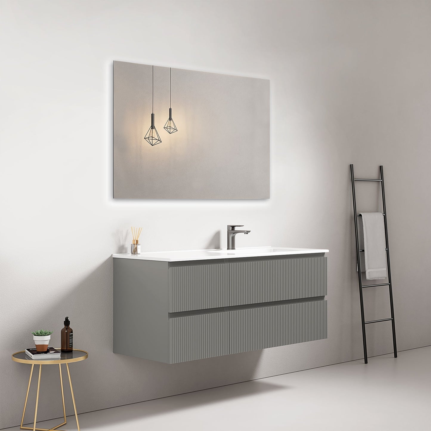 Mobile bagno sospeso cannettato 120 cm Grigio Londra Lavabo a Destra in Ceramica Specchio Quadro - Fiji Paint