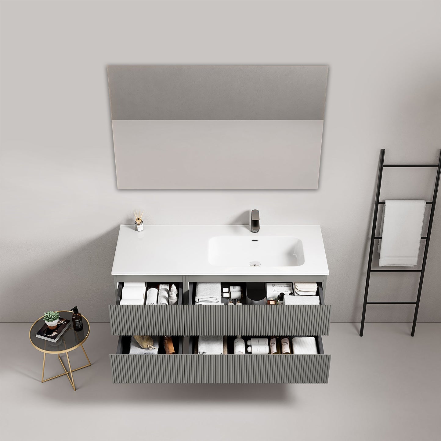 Mobile bagno sospeso cannettato 120 cm Grigio Londra Lavabo a Destra in Ceramica Specchio Quadro - Fiji Paint
