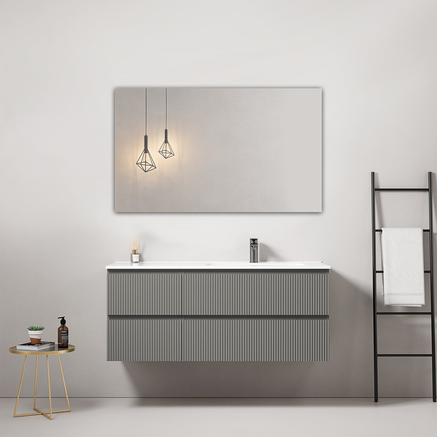 Mobile bagno sospeso cannettato 120 cm Grigio Londra Lavabo a Destra in Ceramica Specchio Quadro - Fiji Paint