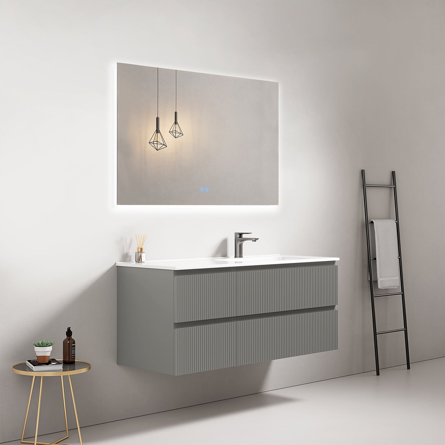 Mobile bagno sospeso cannettato 120 cm Grigio Londra Lavabo a Destra in Ceramica Specchio Quadro Retroilluminato - Fiji Paint