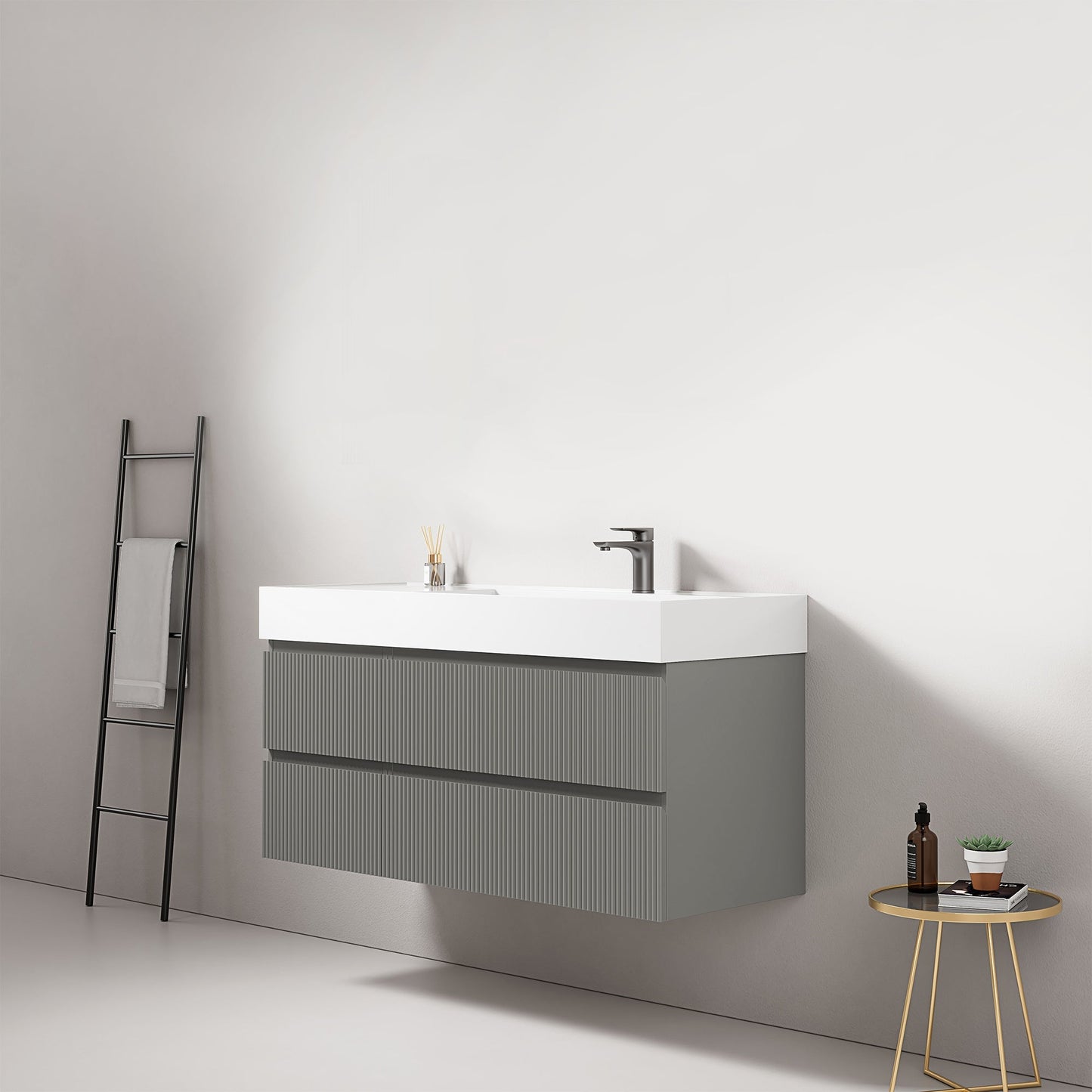 Mobile bagno sospeso cannettato 120 cm Grigio Londra Lavabo a Destra in Resina Senza Specchio - Fiji Paint