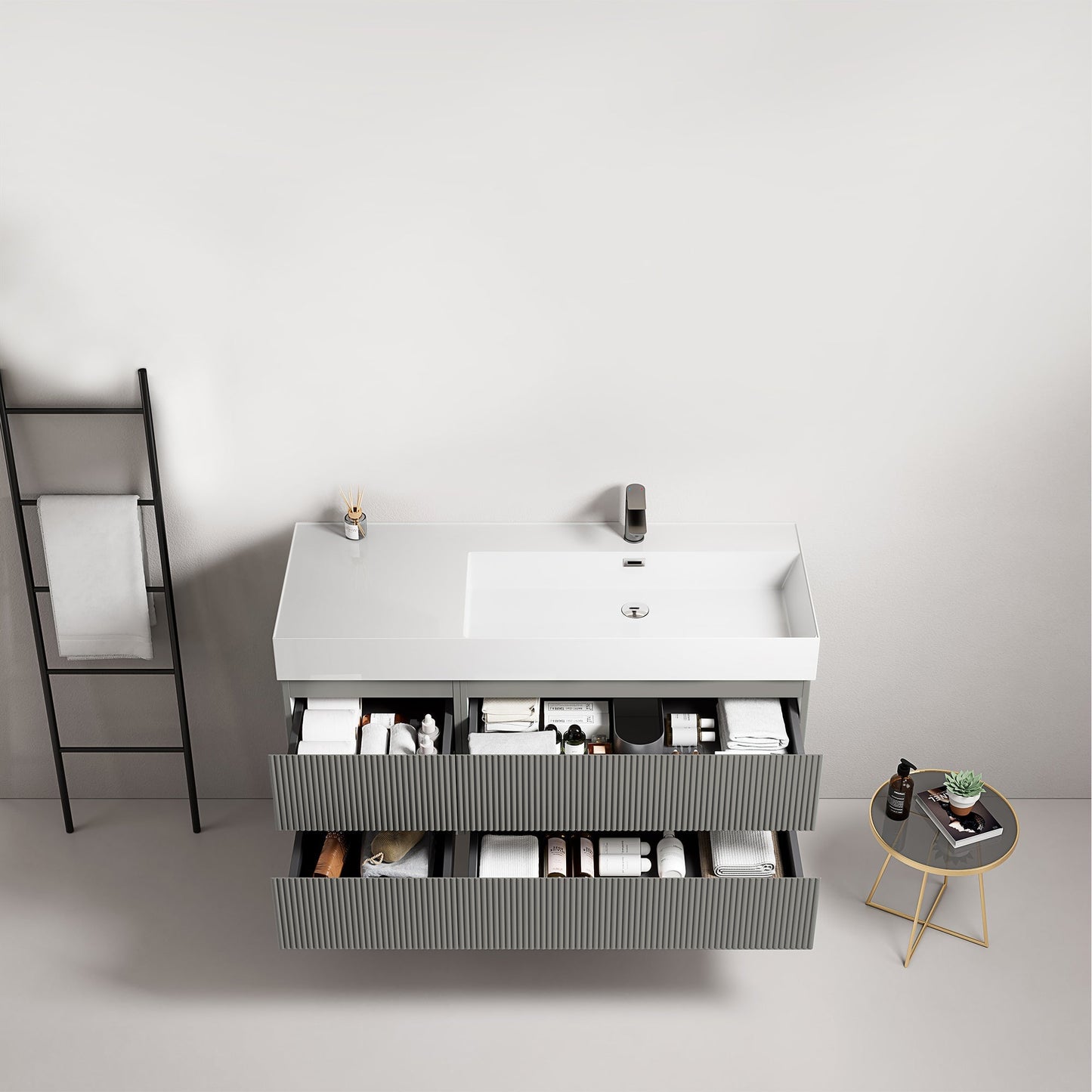 Mobile bagno sospeso cannettato 120 cm Grigio Londra Lavabo a Destra in Resina Senza Specchio - Fiji Paint