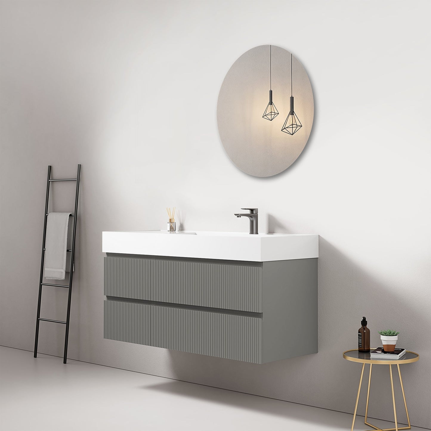 Mobile bagno sospeso cannettato 120 cm Grigio Londra Lavabo a Destra in Resina Specchio Tondo - Fiji Paint