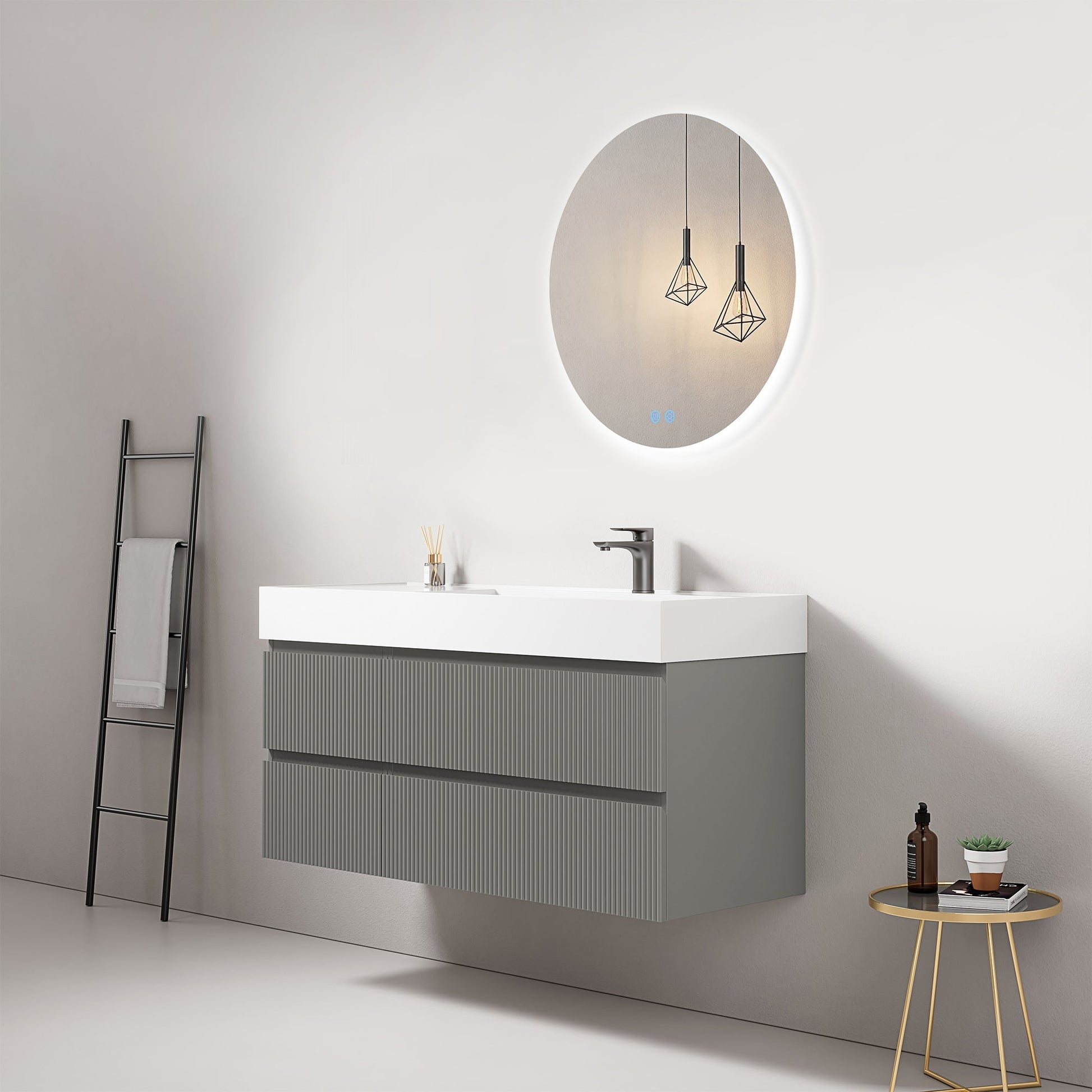 Mobile bagno sospeso cannettato 120 cm Grigio Londra Lavabo a Destra in Resina Specchio Tondo Retroilluminato - Fiji Paint