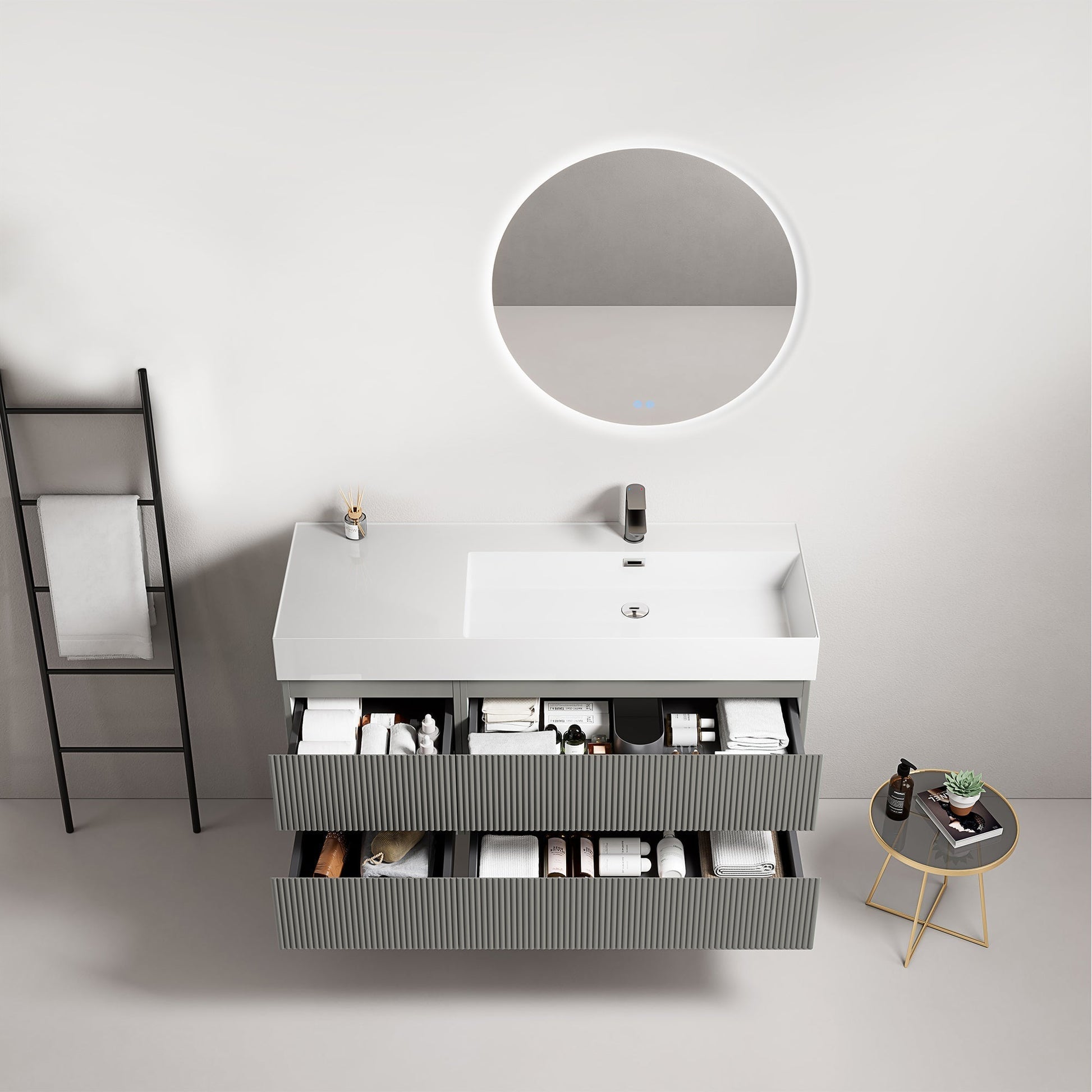Mobile bagno sospeso cannettato 120 cm Grigio Londra Lavabo a Destra in Resina Specchio Tondo Retroilluminato - Fiji Paint