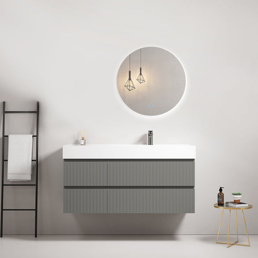 Mobile bagno sospeso cannettato 120 cm Grigio Londra Lavabo a Destra in Resina Specchio Tondo Retroilluminato - Fiji Paint