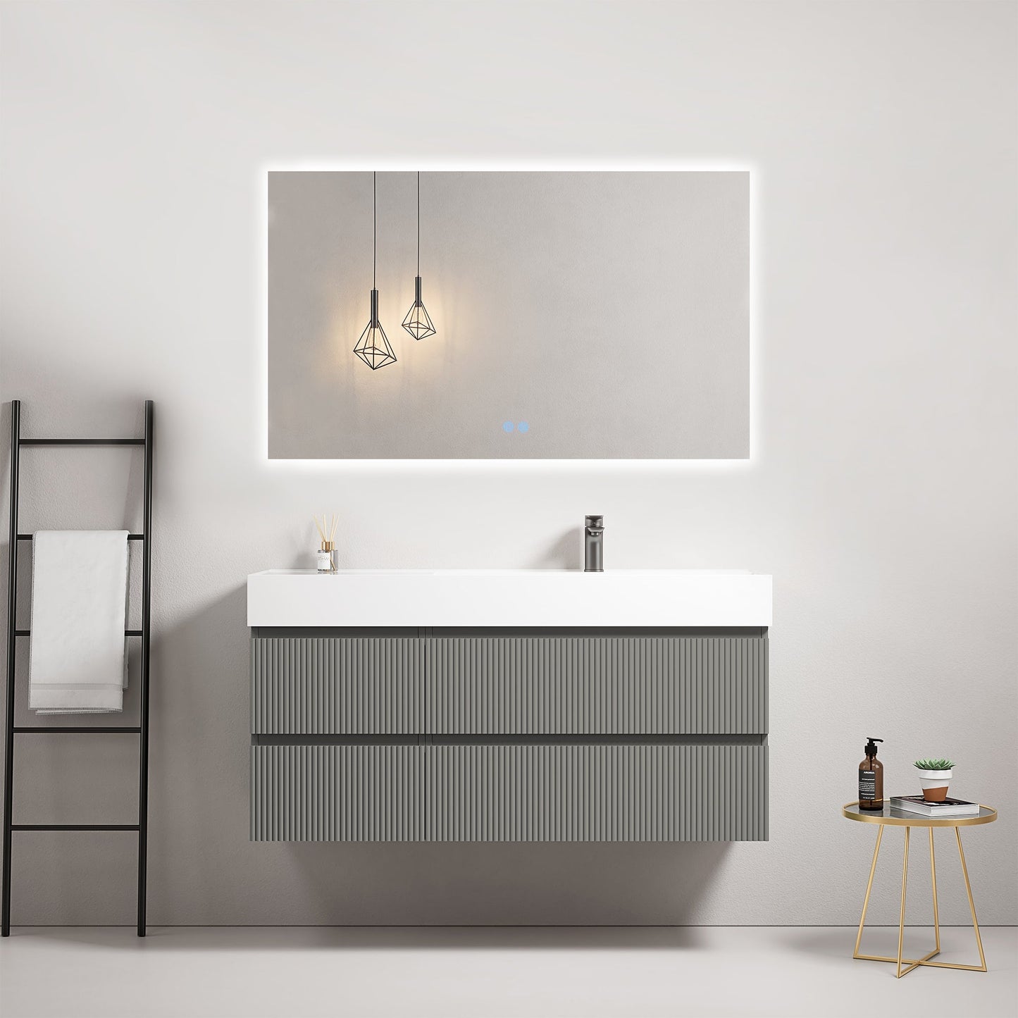 Mobile bagno sospeso cannettato 120 cm Grigio Londra Lavabo a Destra in Resina Specchio Quadro Retroilluminato - Fiji Paint