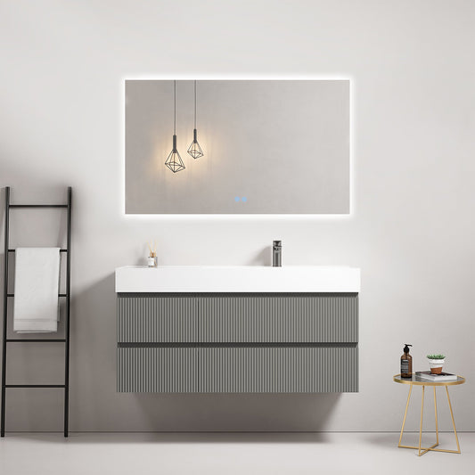 Mobile bagno sospeso cannettato 120 cm Grigio Londra Lavabo a Destra in Resina Specchio Quadro Retroilluminato - Fiji Paint