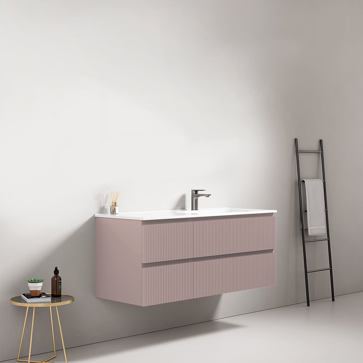 Mobile bagno sospeso cannettato 120 cm Rosa Retro Lavabo a Destra in Ceramica Senza Specchio - Fiji Paint
