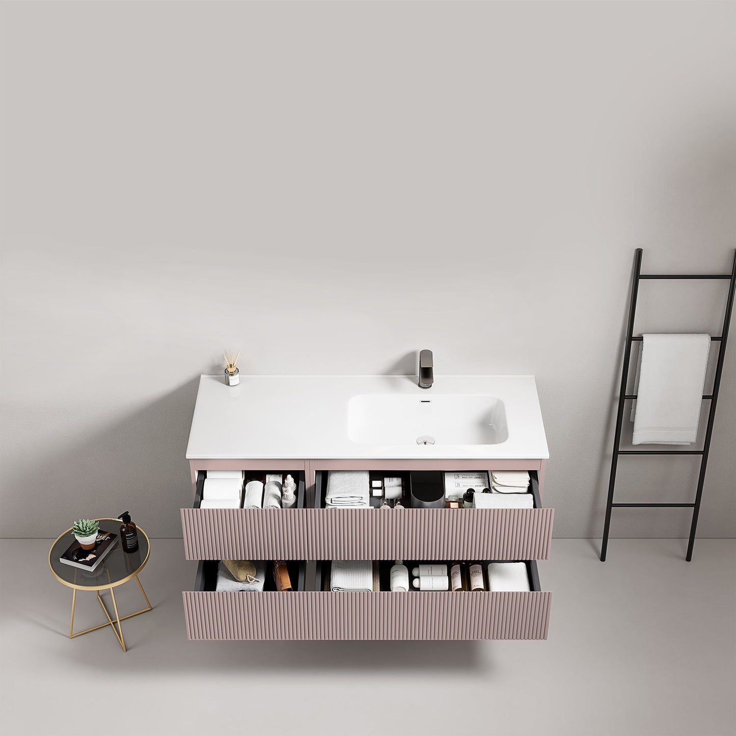 Mobile bagno sospeso cannettato 120 cm Rosa Retro Lavabo a Destra in Ceramica Senza Specchio - Fiji Paint