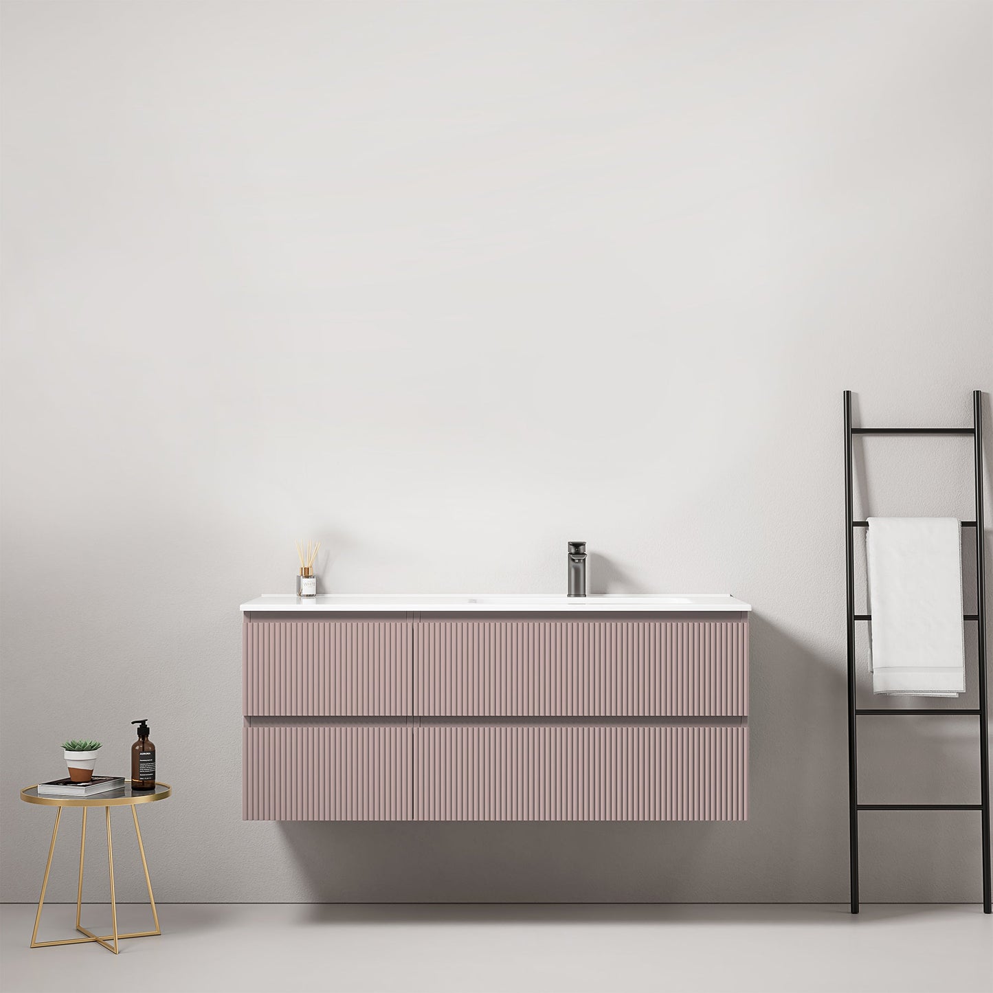 Mobile bagno sospeso cannettato 120 cm Rosa Retro Lavabo a Destra in Ceramica Senza Specchio - Fiji Paint