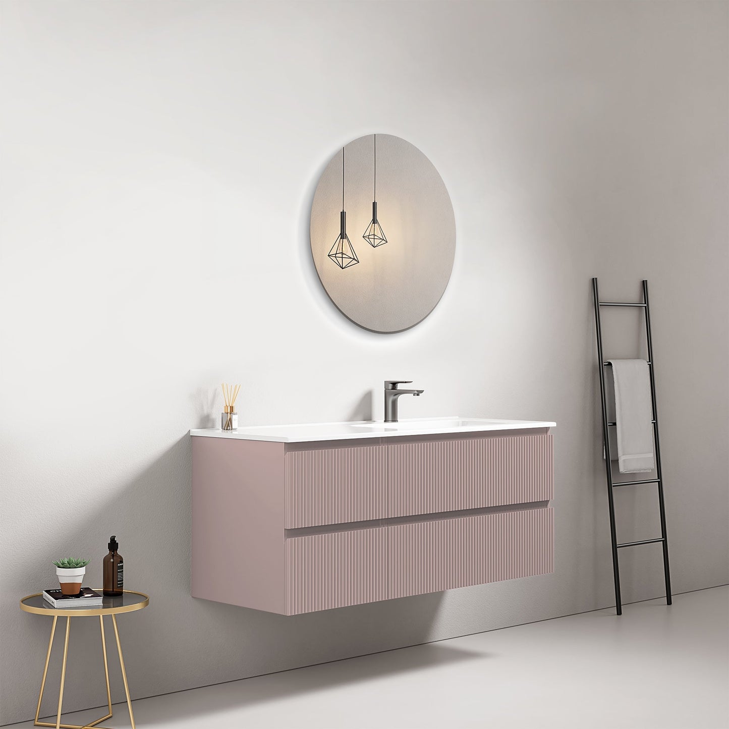 Mobile bagno sospeso cannettato 120 cm Rosa Retro Lavabo a Destra in Ceramica Specchio Tondo - Fiji Paint