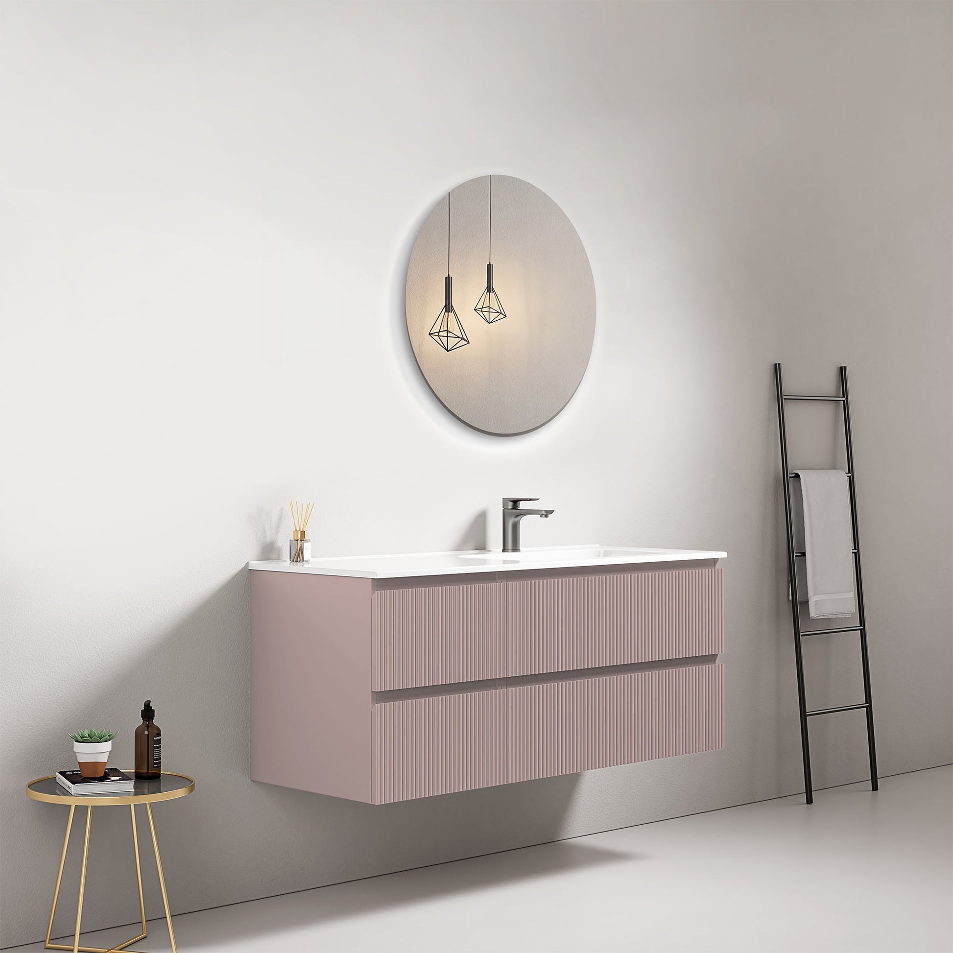 Mobile bagno sospeso cannettato 120 cm Rosa Retro Lavabo a Destra in Ceramica Specchio Tondo - Fiji Paint