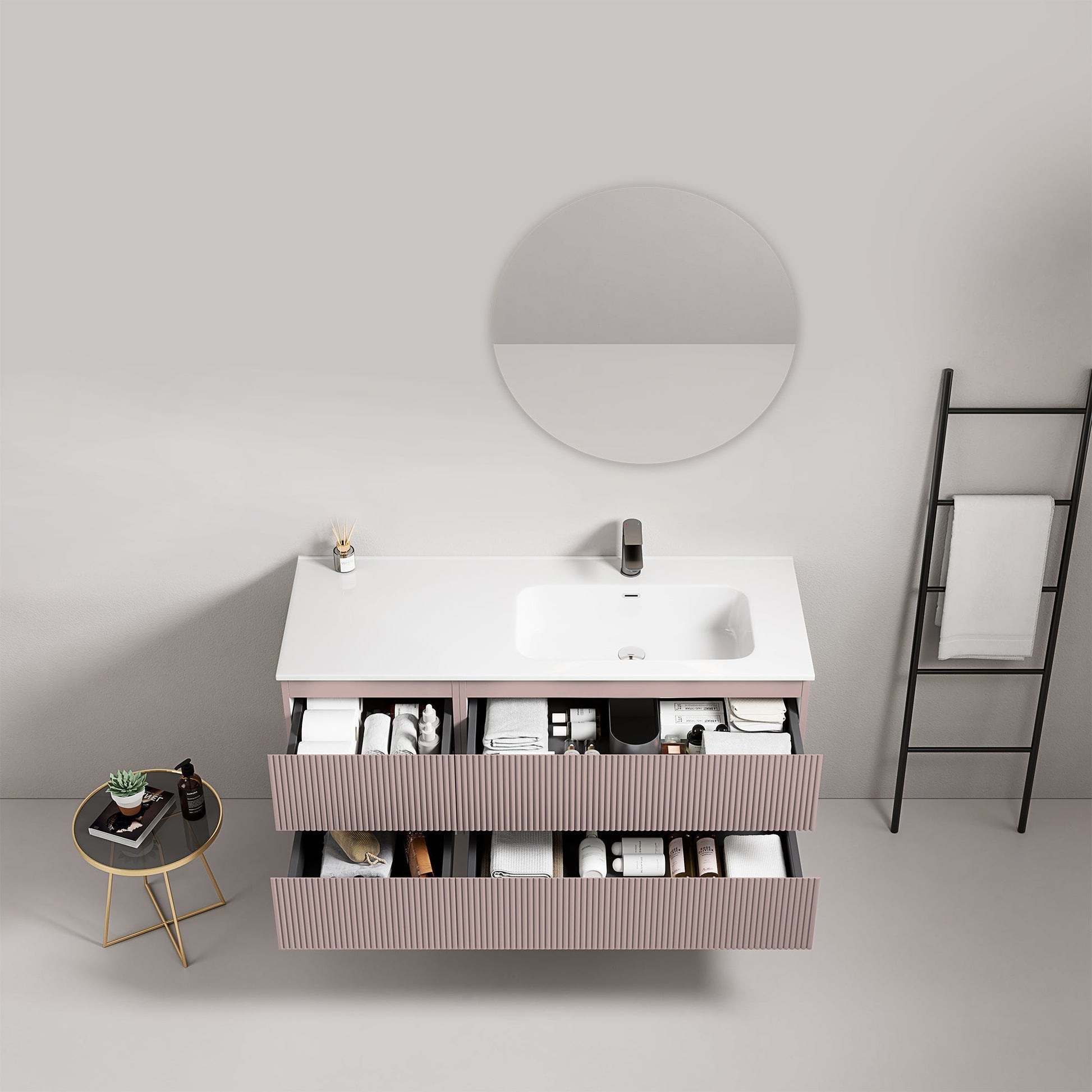 Mobile bagno sospeso cannettato 120 cm Rosa Retro Lavabo a Destra in Ceramica Specchio Tondo - Fiji Paint