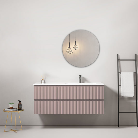 Mobile bagno sospeso cannettato 120 cm Rosa Retro Lavabo a Destra in Ceramica Specchio Tondo - Fiji Paint.
