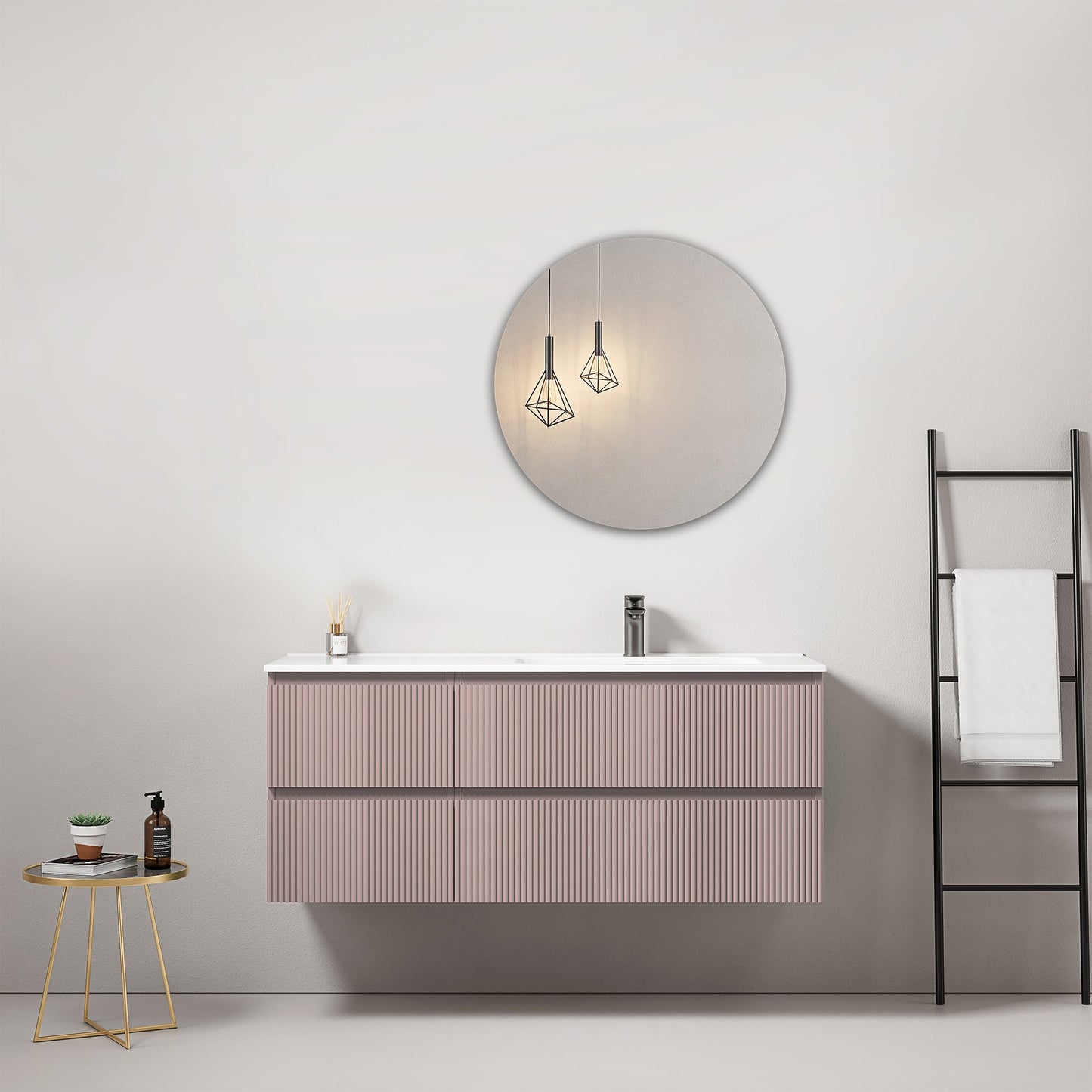 Mobile bagno sospeso cannettato 120 cm Rosa Retro Lavabo a Destra in Ceramica Specchio Tondo - Fiji Paint