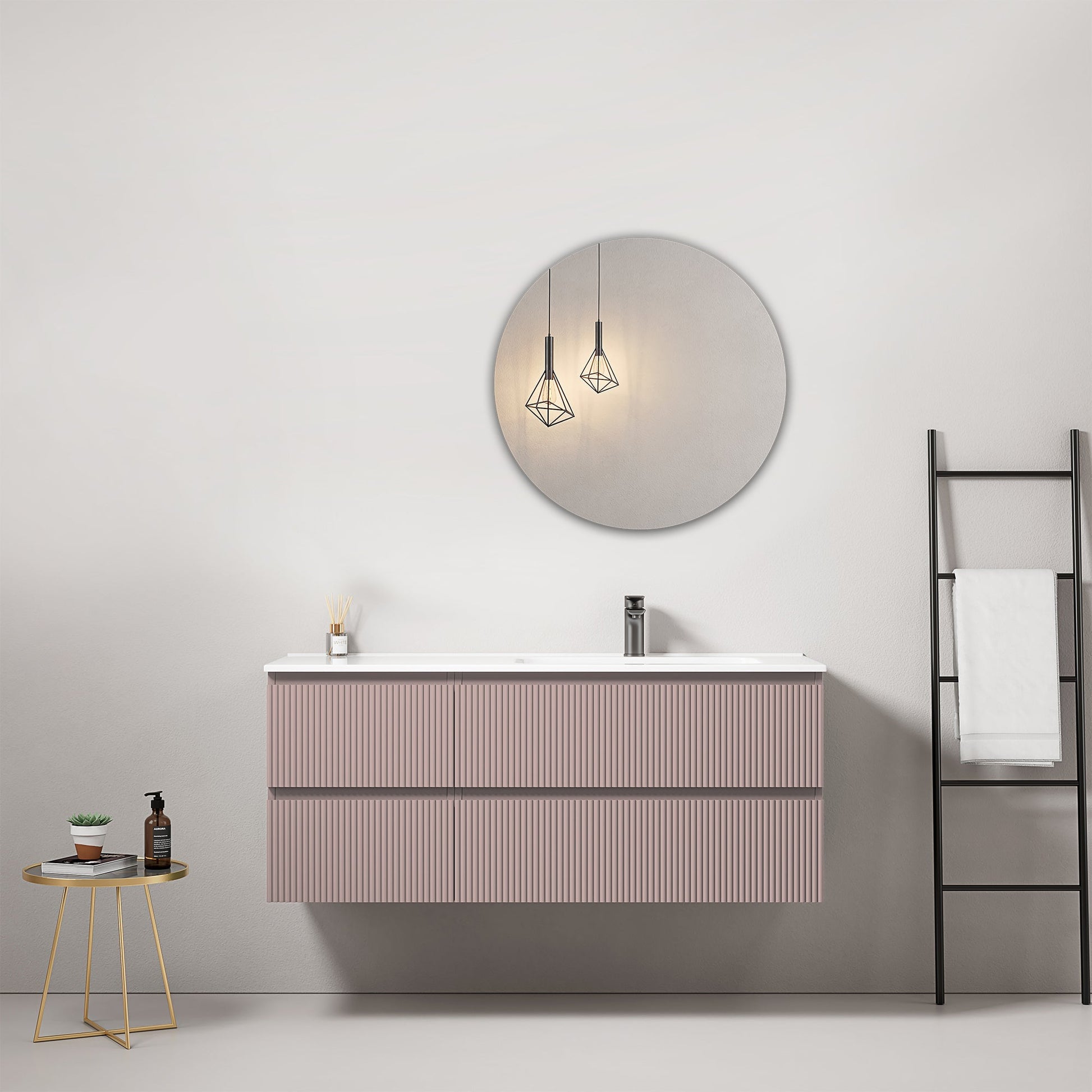 Mobile bagno sospeso cannettato 120 cm Rosa Retro Lavabo a Destra in Ceramica Specchio Tondo - Fiji Paint
