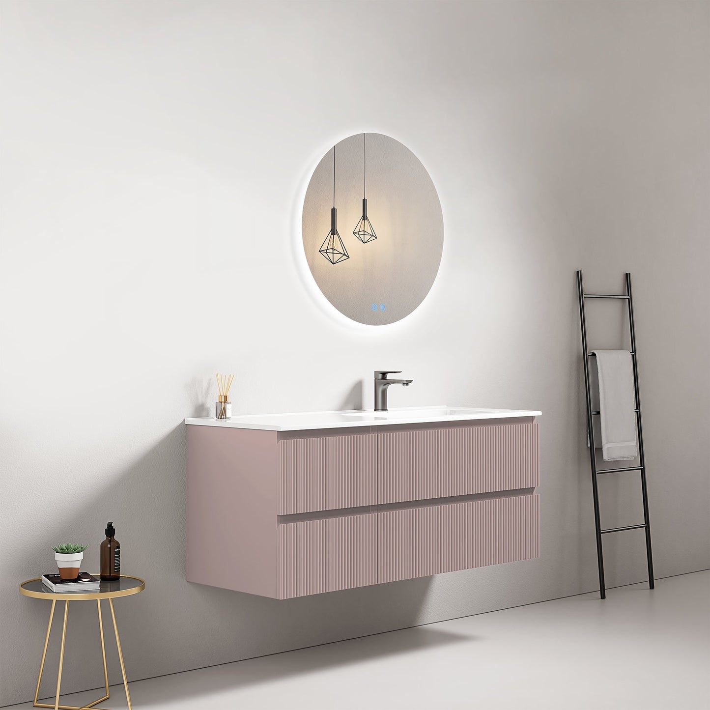 Mobile bagno sospeso cannettato 120 cm Rosa Retro Lavabo a Destra in Ceramica Specchio Tondo Retroilluminato - Fiji Paint