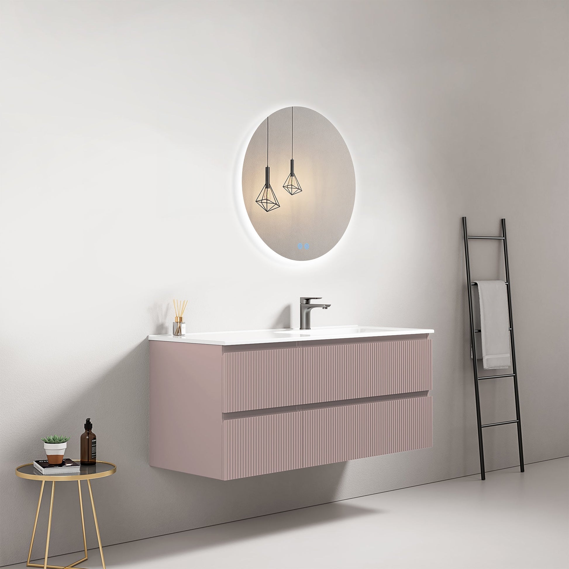 Mobile bagno sospeso cannettato 120 cm Rosa Retro Lavabo a Destra in Ceramica Specchio Tondo Retroilluminato - Fiji Paint