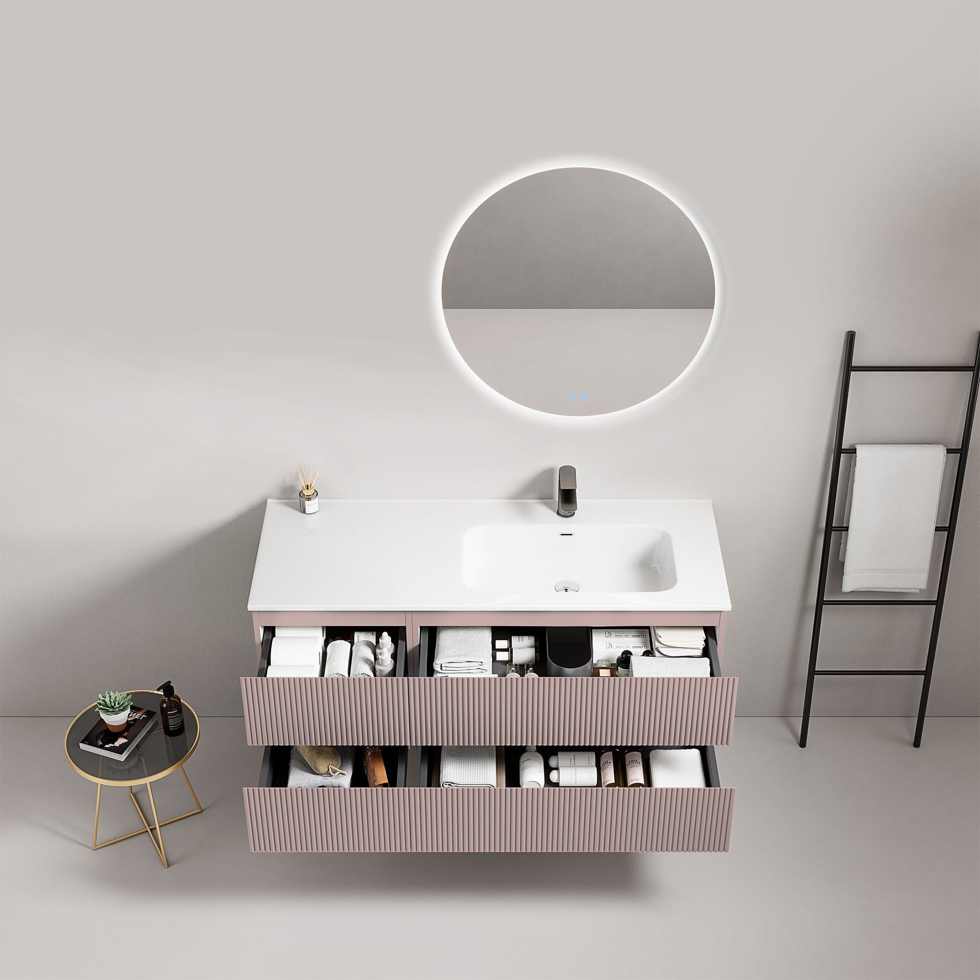 Mobile bagno sospeso cannettato 120 cm Rosa Retro Lavabo a Destra in Ceramica Specchio Tondo Retroilluminato - Fiji Paint