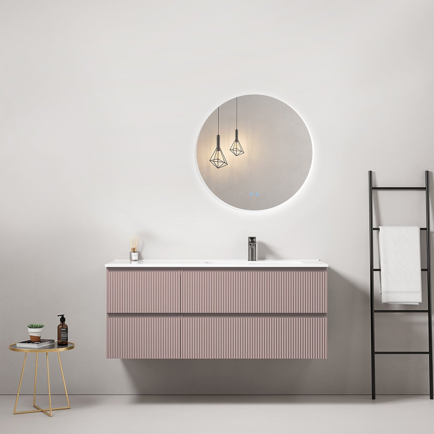 Mobile bagno sospeso cannettato 120 cm Rosa Retro Lavabo a Destra in Ceramica Specchio Tondo Retroilluminato - Fiji Paint