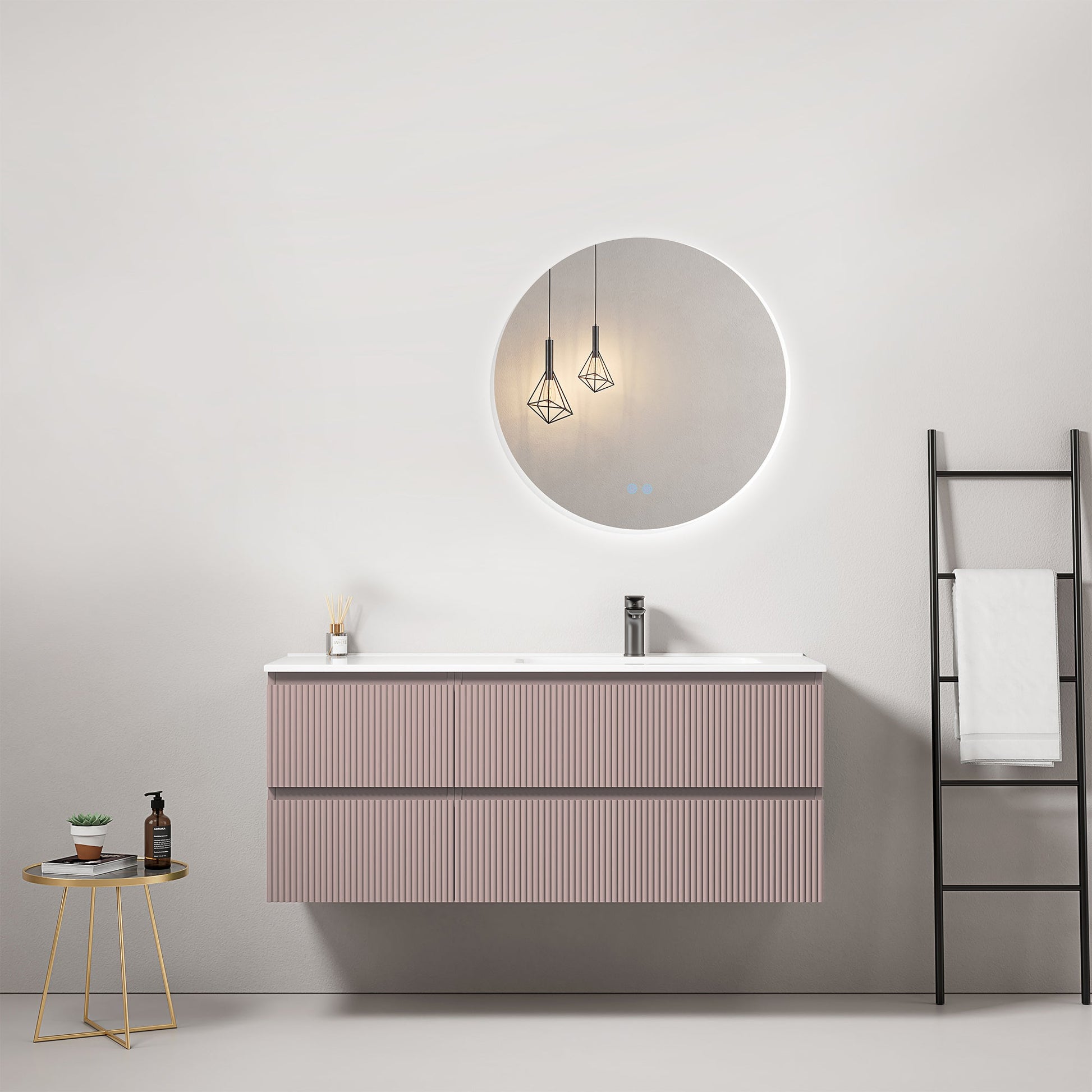 Mobile bagno sospeso cannettato 120 cm Rosa Retro Lavabo a Destra in Ceramica Specchio Tondo Retroilluminato - Fiji Paint