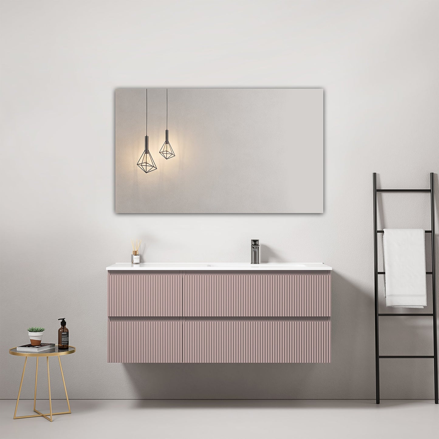 Mobile bagno sospeso cannettato 120 cm Rosa Retro Lavabo a Destra in Ceramica Specchio Quadro - Fiji Paint