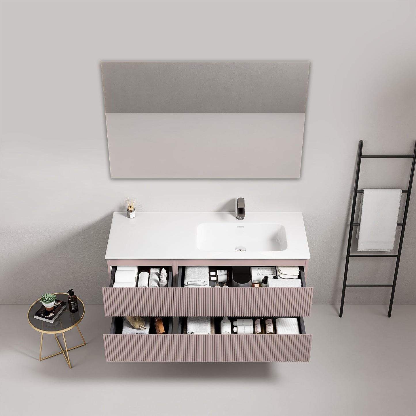 Mobile bagno sospeso cannettato 120 cm Rosa Retro Lavabo a Destra in Ceramica Specchio Quadro - Fiji Paint