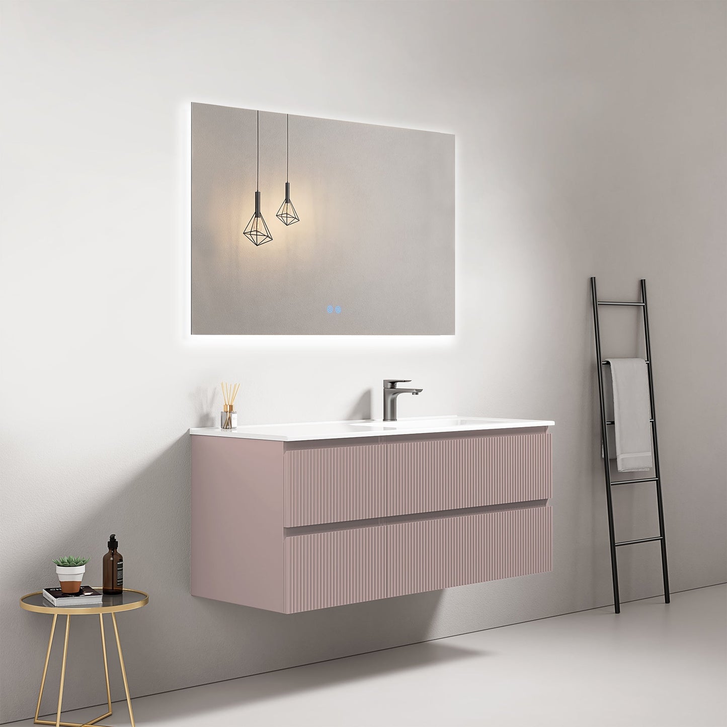 Mobile bagno sospeso cannettato 120 cm Rosa Retro Lavabo a Destra in Ceramica Specchio Quadro Retroilluminato - Fiji Paint