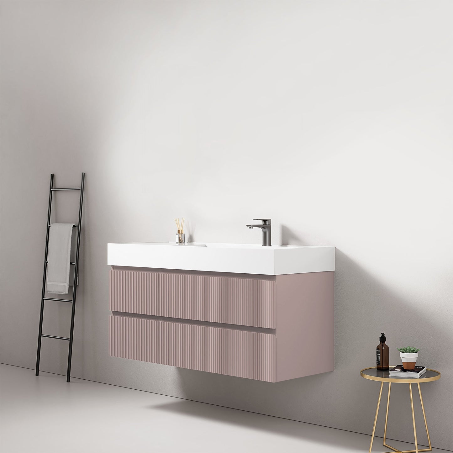 Mobile bagno sospeso cannettato 120 cm Rosa Retro Lavabo a Destra in Resina Senza Specchio - Fiji Paint